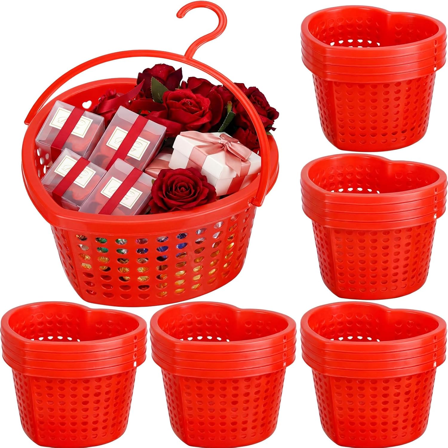 24 Set Valentine's Day Heart Baskets 8"x7"x4" Hollowed Plastic Storage Baskets with Handles for Gift Organizing Home Office Kitchen Birthday Party