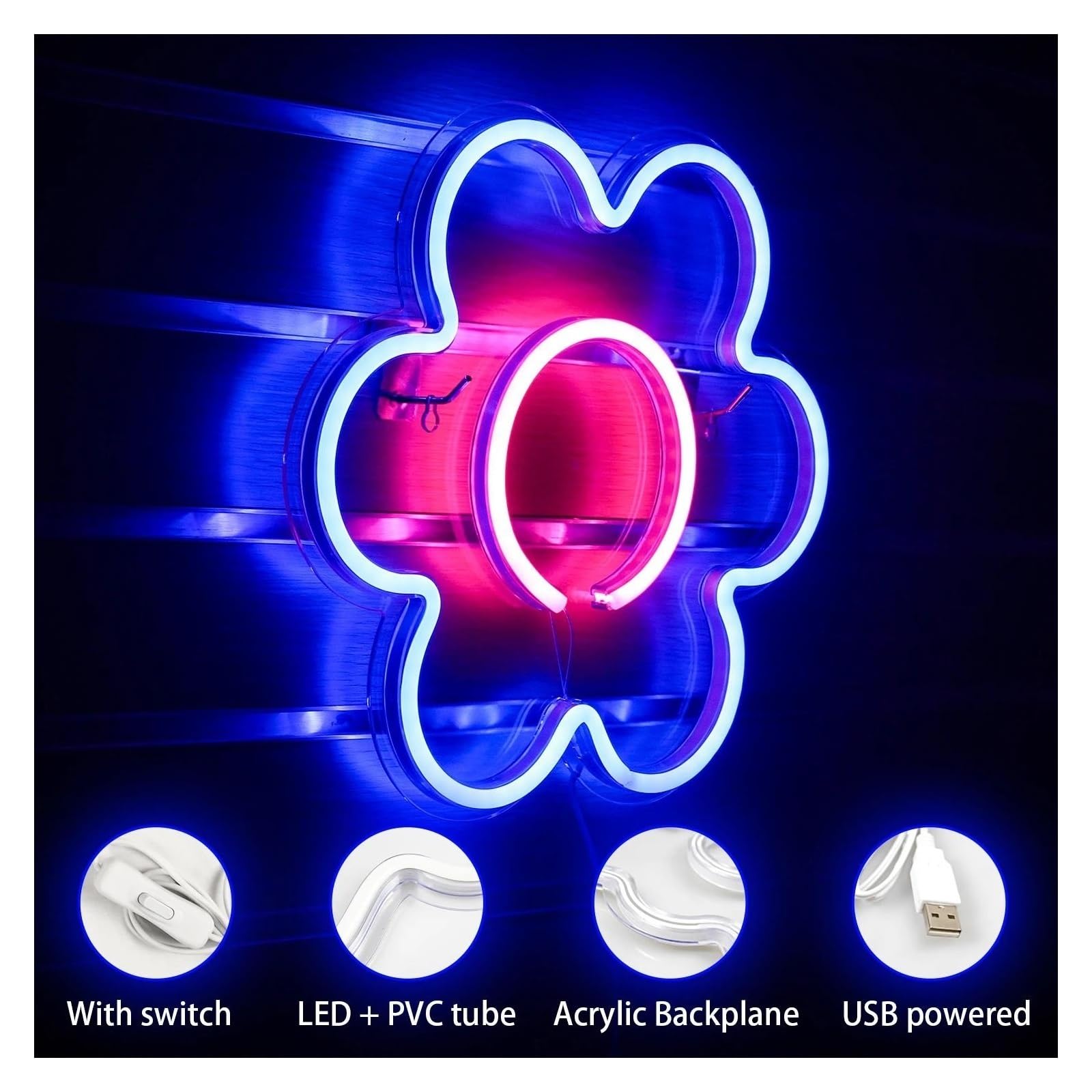 Fiore LED per insegna al per neon decorazione da parete corpo appeso per bar negozio festa bambini per la per stanza con casa camera(Blu)