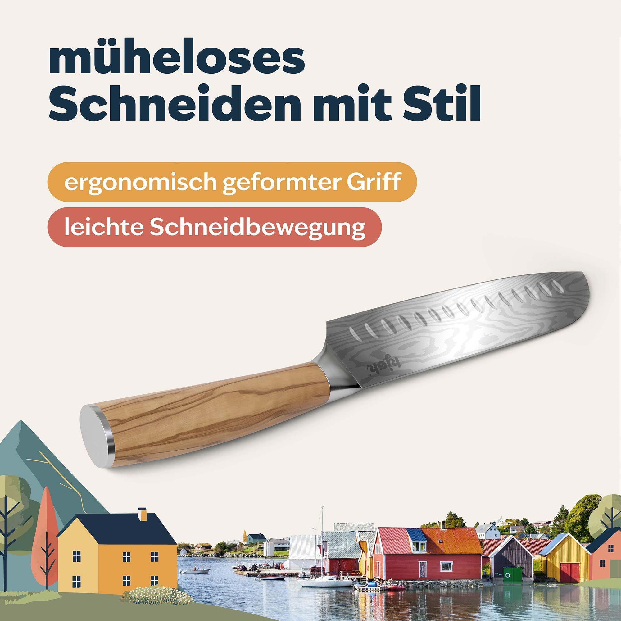 kjøk Premium Santoku-Messer 17 cm (7Cr-Stahl) mit Olivenholzgriff – extra scharfes Allzweck-Küchenmesser für Fleisch, Fisch und Gemüse – asiatisches Kochmesser mit Schutzhülle, nur 177 g