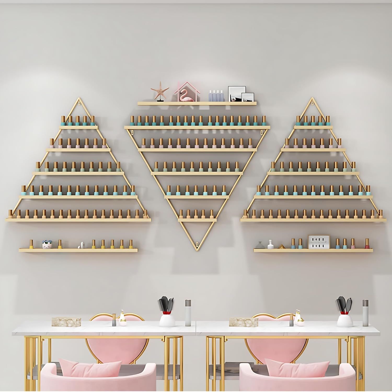 Wall-Mounted Nail Polish Rack, Set of 6 Triangular Gold Nail Polish Shelf Lipstick Perfume Cosmetic Display Shelf for Home Spa Nail Salon Shop
