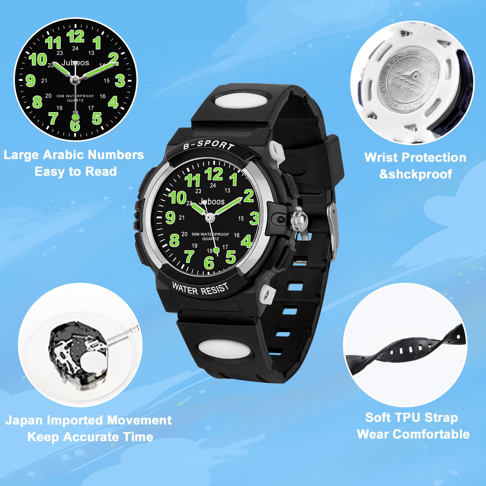CKV Kids Watch for Boys Girls Ages 5-12, Waterproof Time Teacher Easy to Read Analog Sport Outdoor Children Watches with Soft Band for Kids