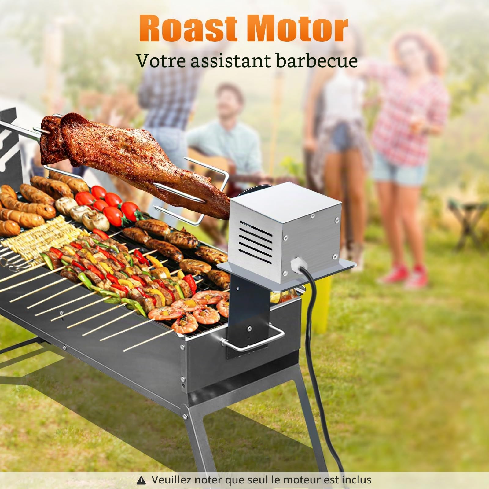 Moteur de barbecue en acier inoxydable 2,5 tr/min, pince à viande pour barbecue, couple max. 100 kg, tournebroche électrique, sens de rotation CW/CCW, accessoire de barbecue en acier