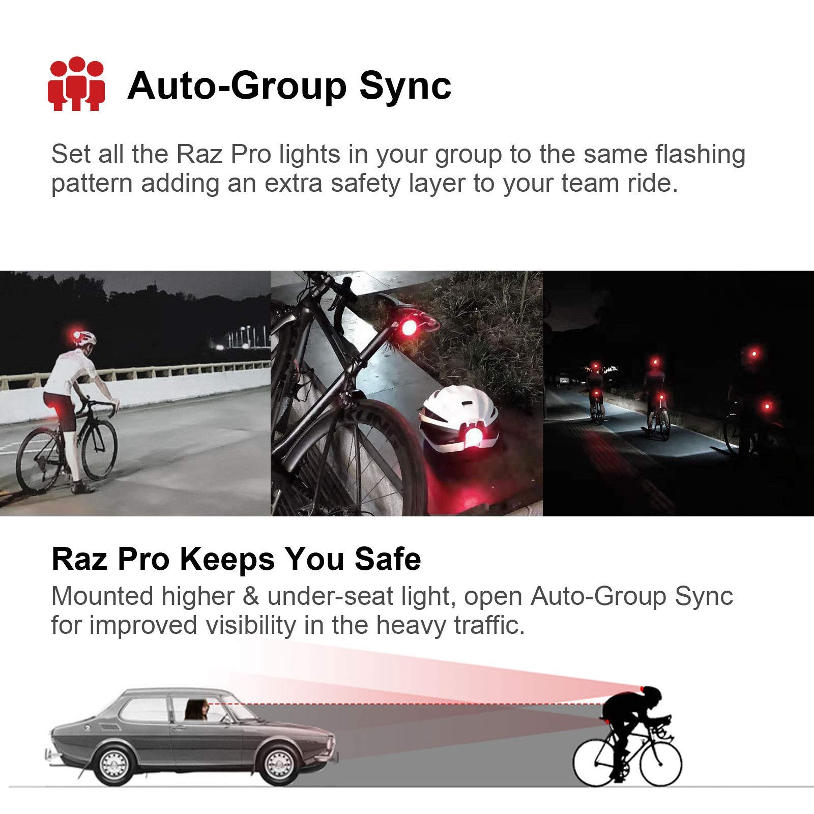 SHANREN Raz Pro Smart Lampe arrière pour vélo, Alertes de freinage, Sync d’équipe-Auto avec capteur de lumière, Supports optionnels pour Tige de siège/Selle/Casque, Lumière LED étanche Rechargeable