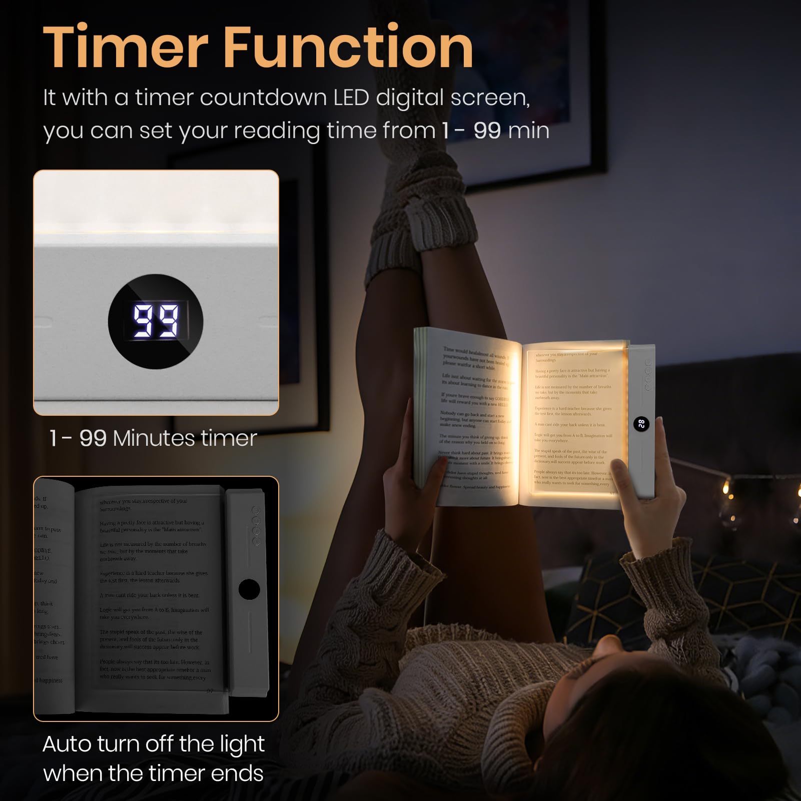 Lampada da lettura intelligente a LED, ricaricabile, trasparente, con 3 colori e timer, dimmerabile, a pagina intera, luci di lettura notturna per libri, lettura notturna a letto, regali per lettori