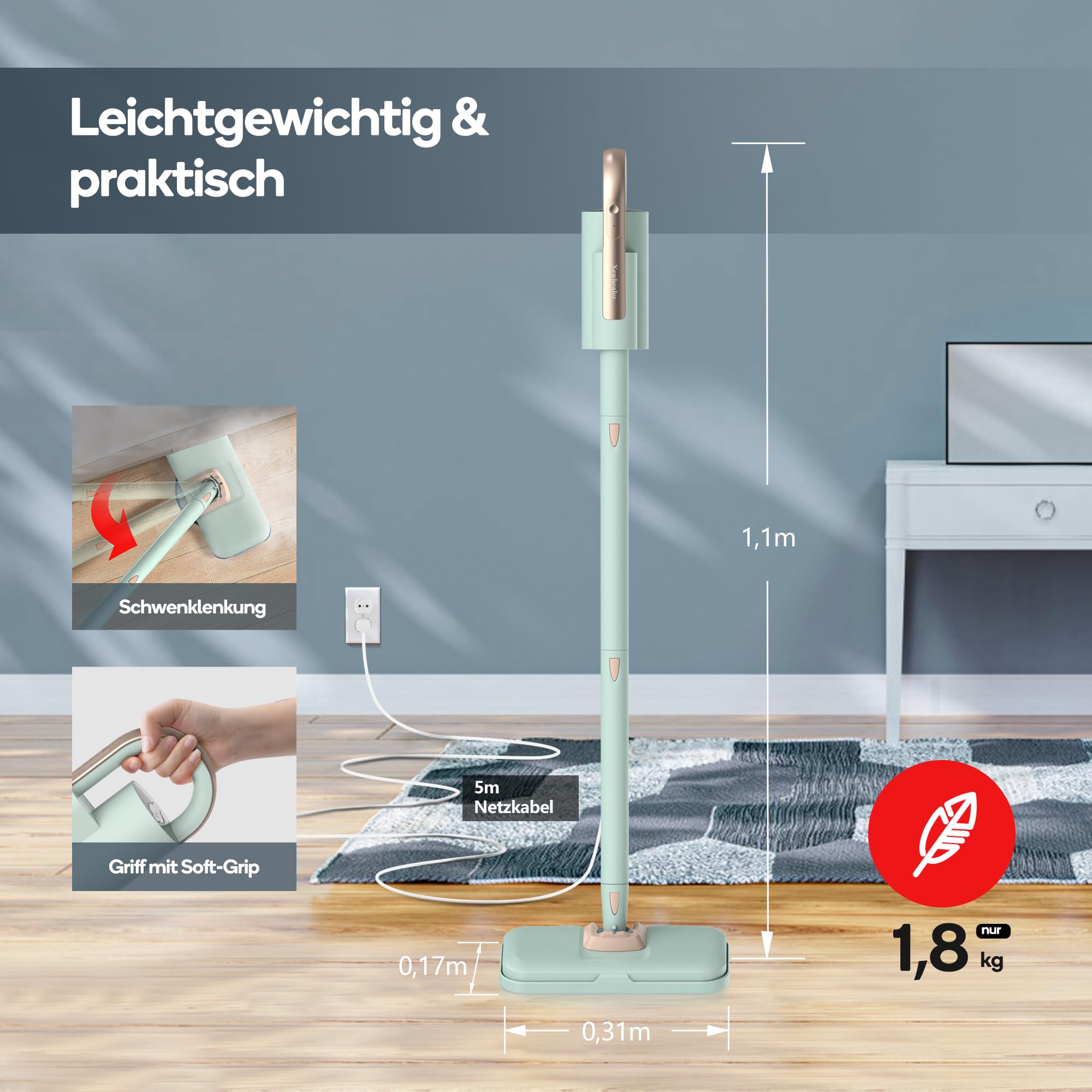 Newbealer 2-in-1 Dampfreiniger, 1200W Handgerät mit abnehmbarem Reiniger, 3 Dampfstufen, 7 Zubehörteile und 2 Mikrofaserpads, Ideal für Alle Böden, Teppiche | 3 einstellbare Ebenen für Teppich-Laminat, Hartholz-Fugenmörtel, Teppichgleiter, 7 Mehrzweck-Zub