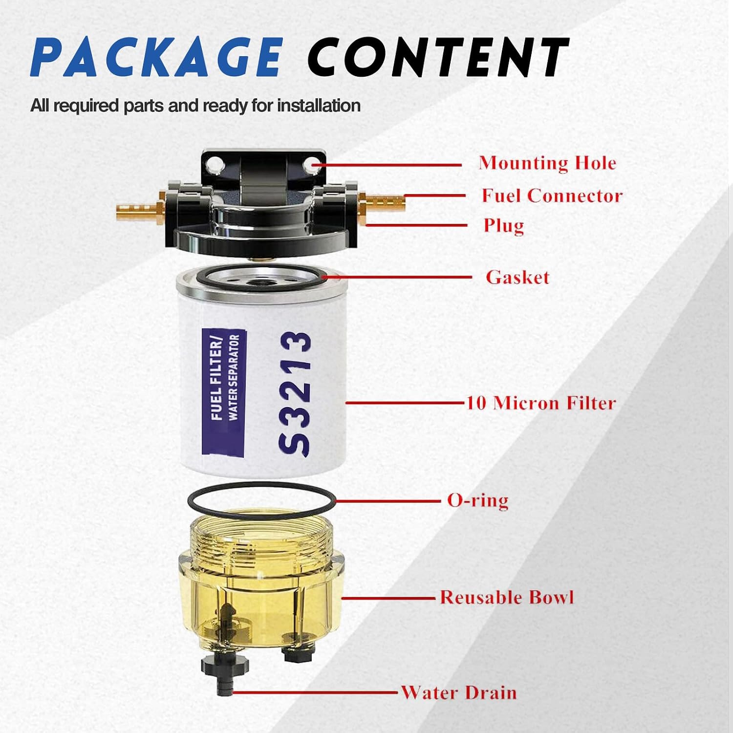 Fuel Filter Water Separator Replacement for Mercury Marine Outboard Motor – 3/8" Barb x 1/4" NPT Brass Fittings, Replaces S3213, S3214, 18-7932-1, 35-60494-1, 35-809097