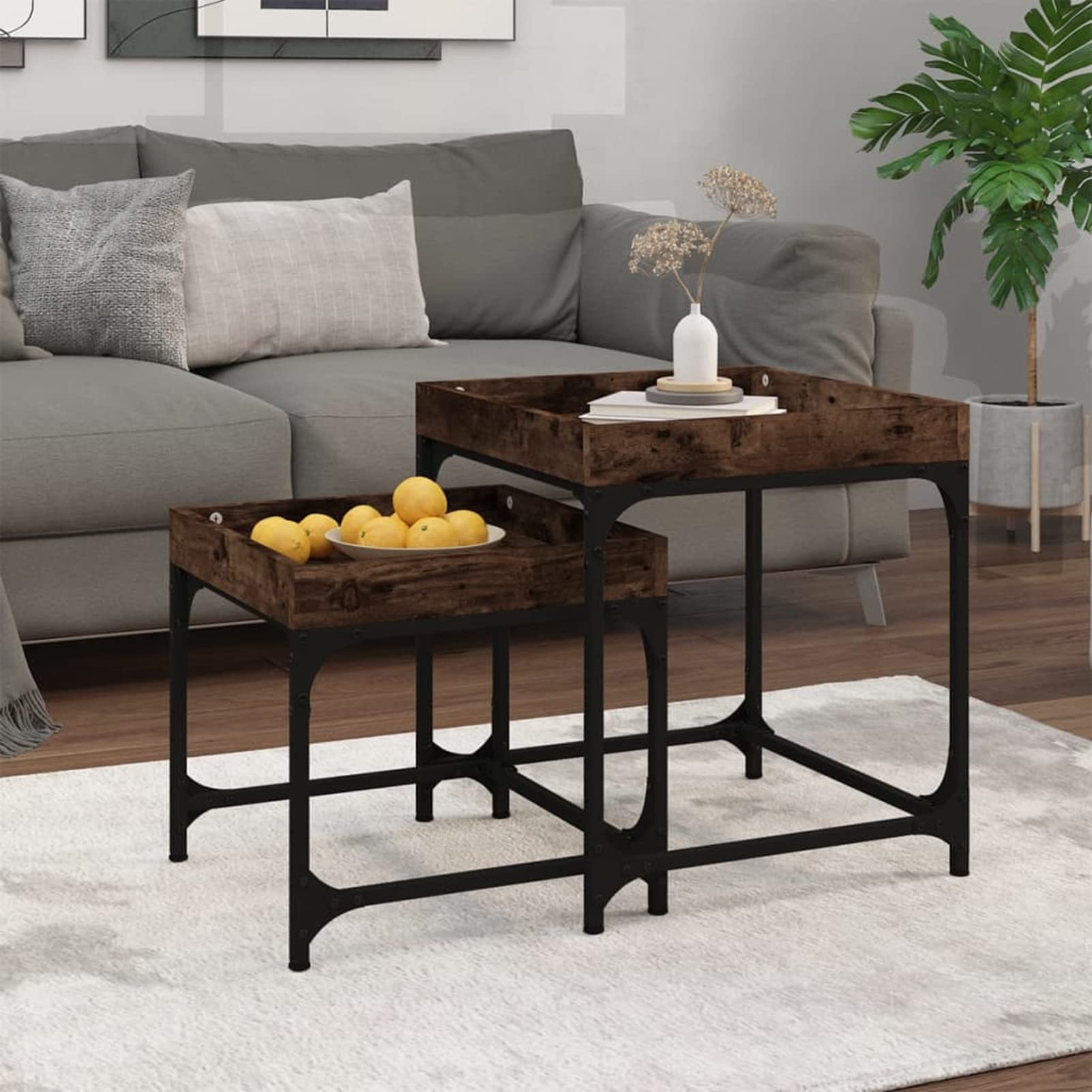 Table de salon double table d'appoint bois chêne fumé design