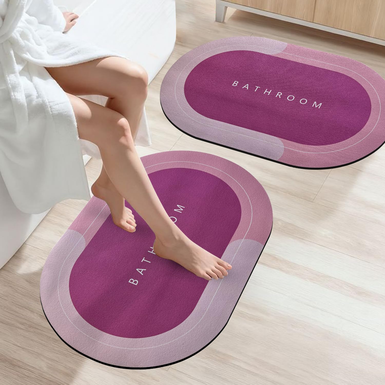 SITTELLA Rubber 3 Pieces (3.5Mm) Anti-Skid Water Soaking Bathroom Print Door Mat, Absorbent Mat (40X60Cm) Pink, Oval)