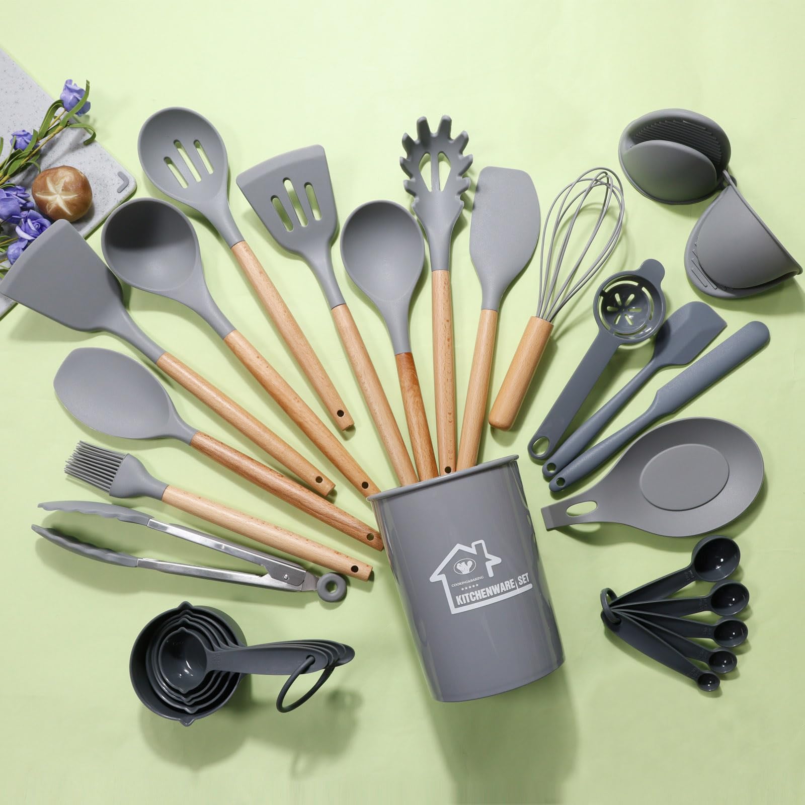 Juego de Utensilios de Cocina de Silicona, Juego de Utensilios de Cocina de Silicona de 43 Piezas, Juego de espátulas para Utensilios de Cocina con Soporte para cocinar Antiadherente,Gris