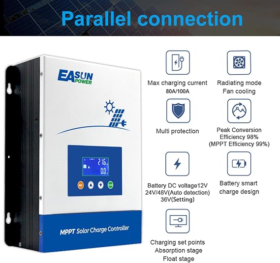 POWLAND 100A MPPT Solar Charging Controller, 12V/24V/36V/48V Automatic Max Input 150V LCD Display Regulator Intelligent Regulator Charging Controller