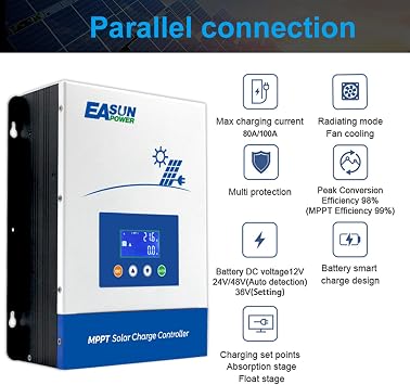 POWLAND 100A MPPT Solar Charging Controller, 12V/24V/36V/48V Automatic Max Input 150V LCD Display Regulator Intelligent Regulator Charging Controller