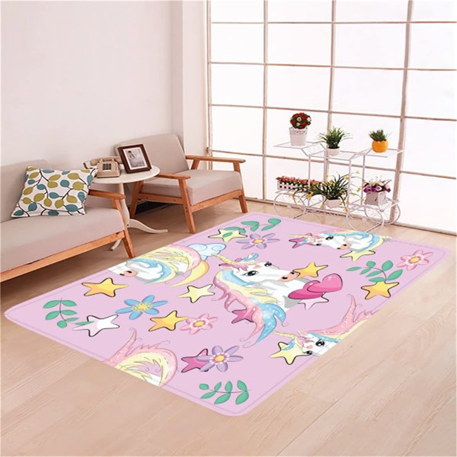 Alfombra Infantil de Unicornio Arcoíris Alfombra de Habitación de Niña Niño Alfombra de Salón a Pelo Corto Flores Unicornio Grande Alfombra de la Sala de Estar Cocina Rug (rosa 1,100x120 cm)