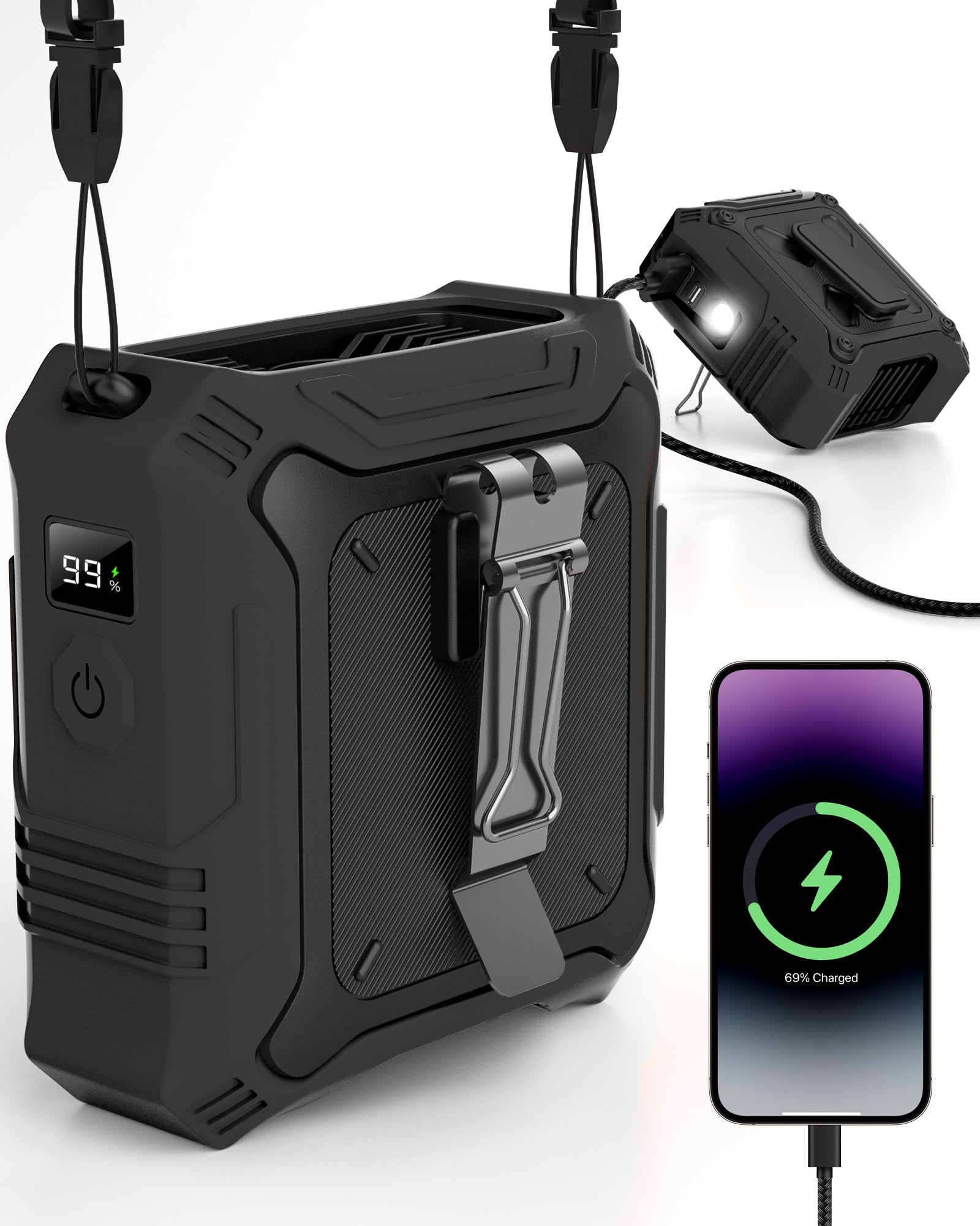 TUNISE Ventilatore clip cintura, batteria ricaricabile 8000 mAh,5 velocità fino a 24 ore di autonomia, luce LED & segnale SOS integrati, Ventilatore portatile per lavoro esterno, campeggio
