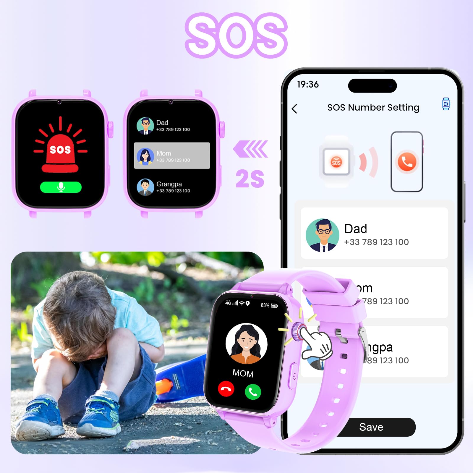 PTHTECHUS Smartwatch Bambini, Orologio per Bambino Bambina GPS | 4G Telefono Gioco, Smartwatch Ragazza e Ragazzo 4-12 Anni Regalo, Orchid
