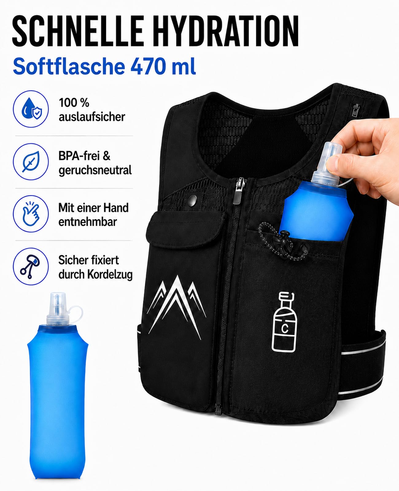 Laufweste mit Trinkflasche 470 ml, Trinkweste Laufen Damen Herren, ultraleichter Laufrucksack 156 g mit wasserdichter Handytasche, reflektierende Running Vest für Joggen, Trailrunning, Marathon
