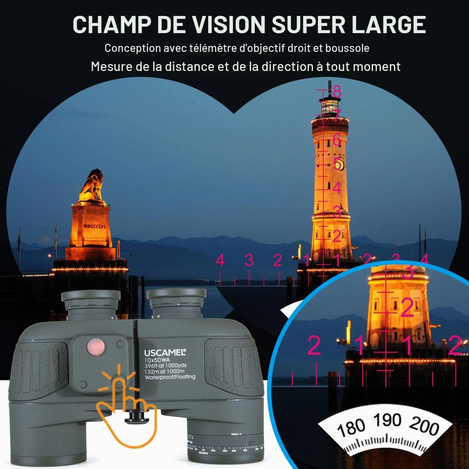 USCAMEL Jumelles 10X50 de Portée avec Boussole Binoculars, Haute Puissance, Haute Définition