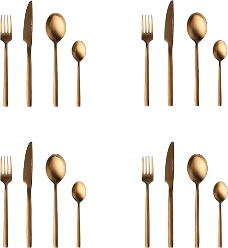 BergHOFF GEM Premium 1810 - Juego de 16 cubiertos de acero inoxidable para 4 personas con revestimiento de PVD de titanio dorado, mango ergonómico y