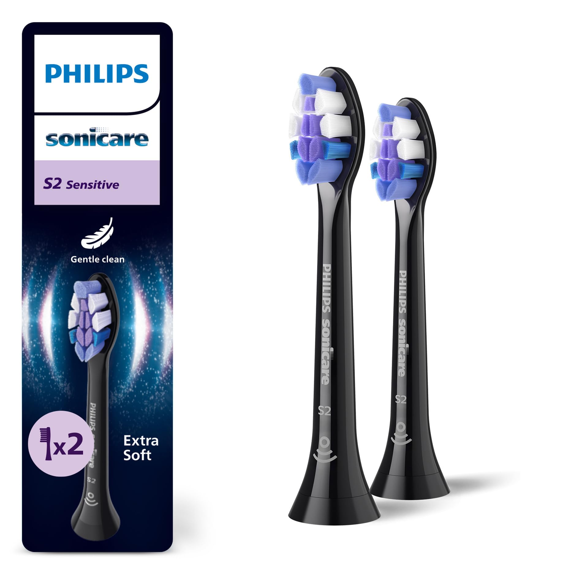Philips Sonicare S2 Sensitive, oryginalne wymienne końcówki szczoteczki sonicznej, kolor czarny, dwupak, HX6052/88