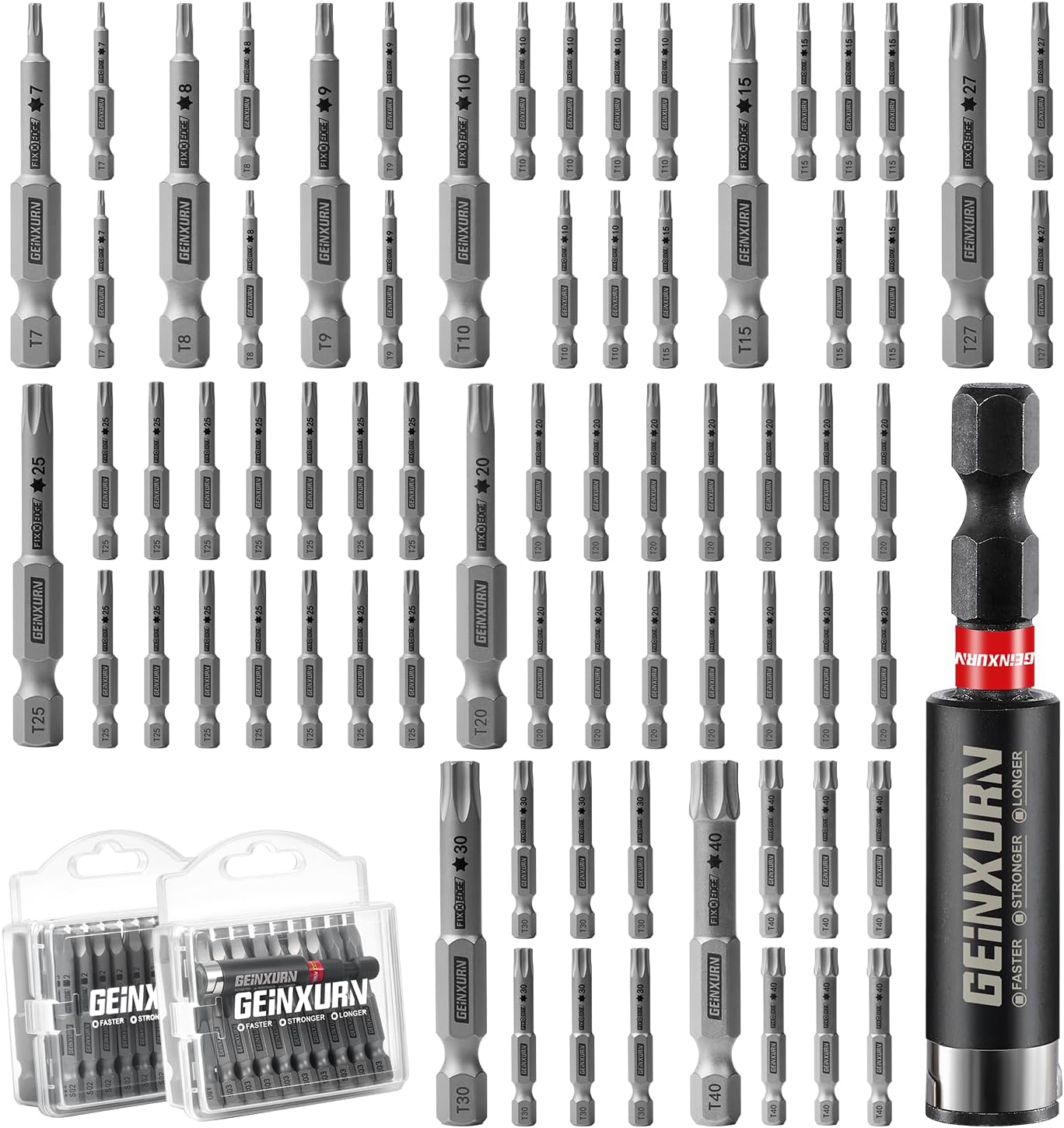Geinxurn 71Pieces Fixedge Screwdriver Bit Set, 2Inches Torx Magnetic Alloy Steel Insert Power Bits Tips(T7-T40) with Impact Bit Holder and Portable Storage Cases for Home Repair