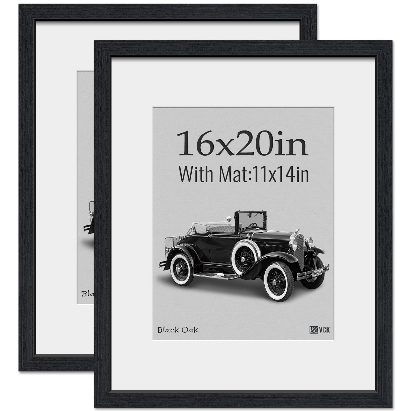 VCK 16x20 Picture Frame 2 Pack, Natural Wood Grain Black Oak & HD Glass, Display 11x14 Poster with Mat or 16x20 without Mat, Wall Hanging