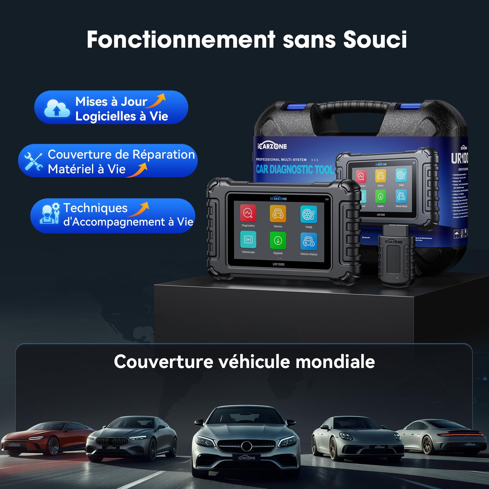 UR1000 Valise Diagnostic Auto Bluetooth, Diagnostic Voiture Multimarque pour Tous les Systèmes, 50 Services d'Entretien, Test d'Activation, Codage ECU, Programme TPMS, CANFD, Mise à Jour WiFi