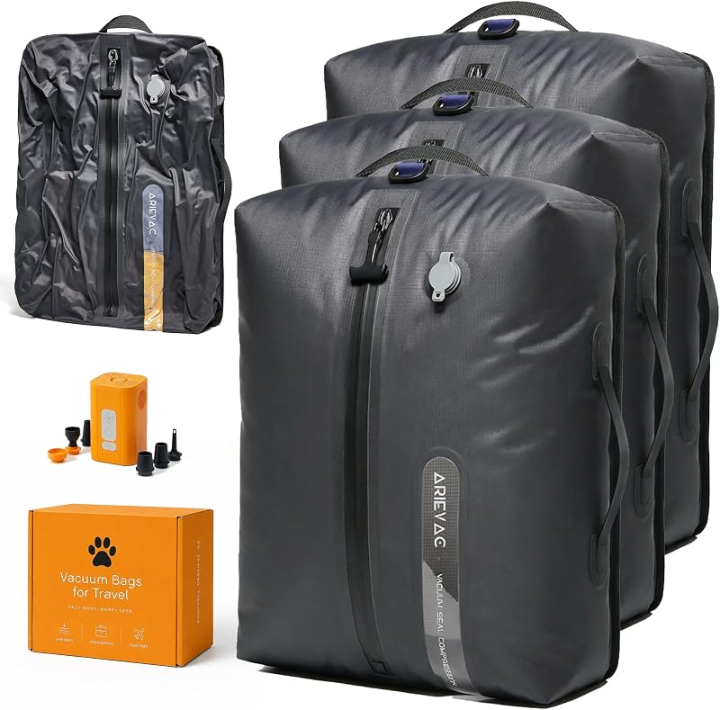 IKYWT Vacuum Seal Bags for Travel w/Pump, 18L Compression Packing Cubes for Carry-On Suitcase & Travel Backpack, Reusable IP67 Waterproof Vacuum Storage Kit, Gift Set (3-Pack)