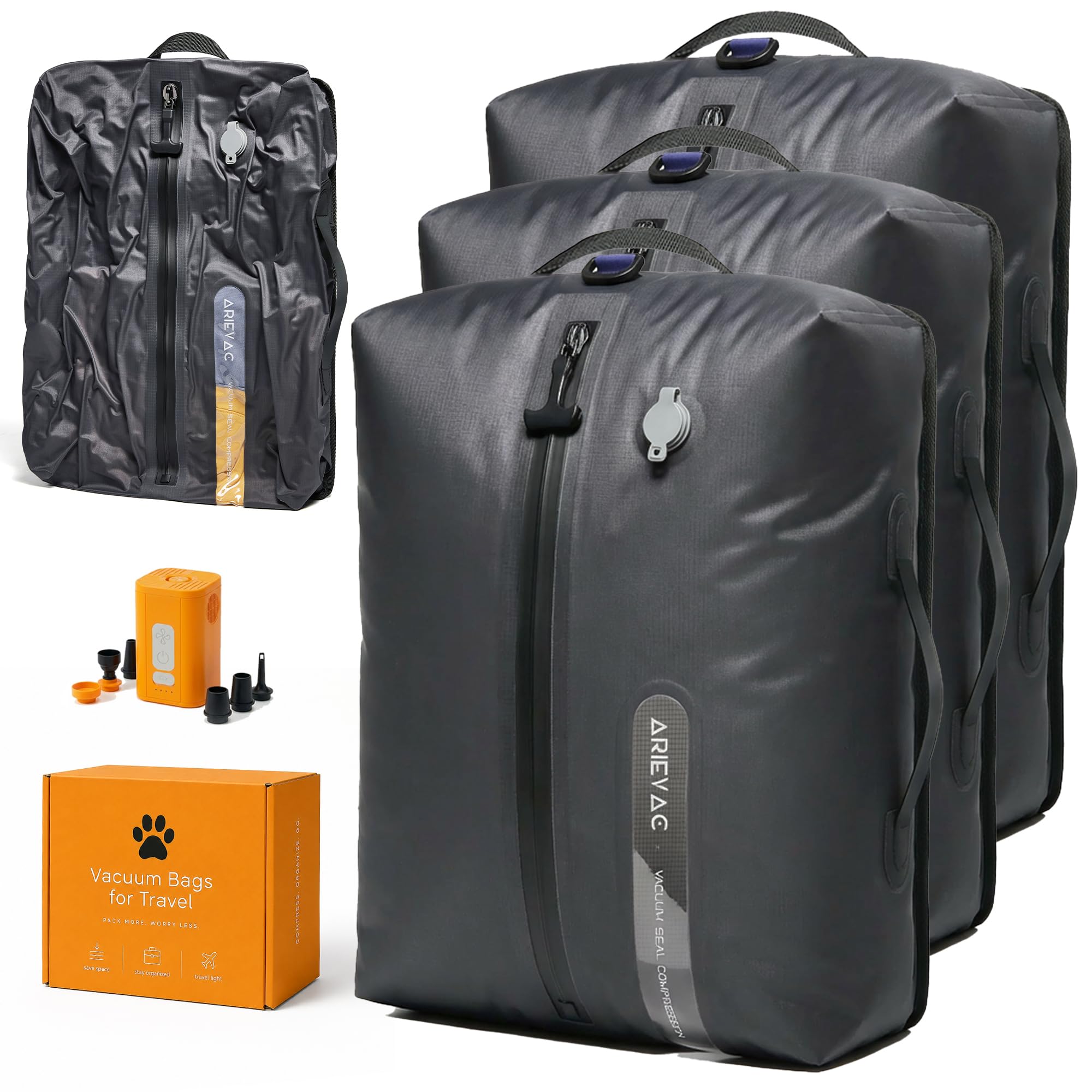 Photo 1 of IKYWT Vacuum Seal Bags for Travel w/Pump, 18L Compression Packing Cubes for Carry-On Suitcase & Travel Backpack, Reusable IP67 Waterproof Vacuum Storage Kit, Gift Set (3-Pack)