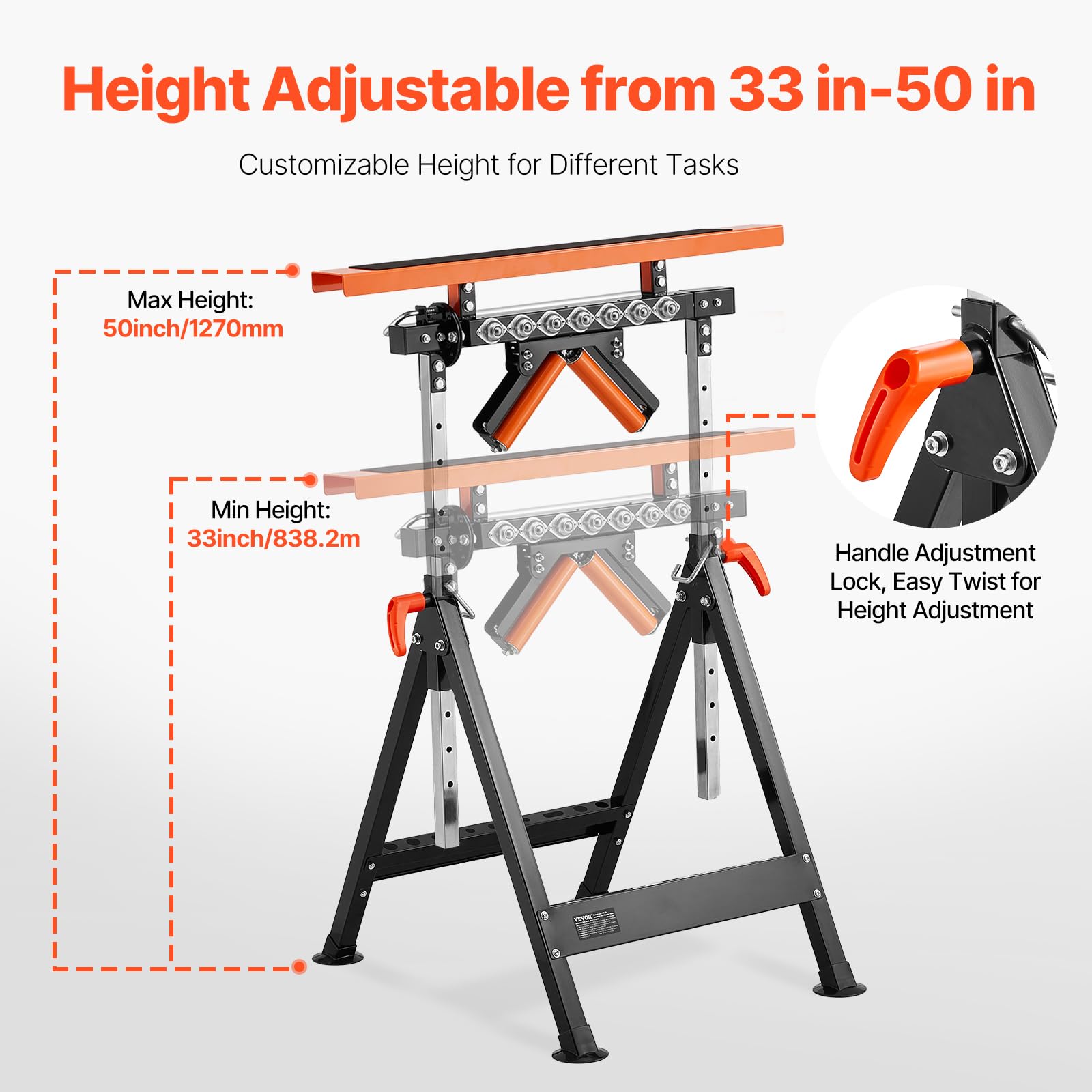 VEVOR Support 4 en 1 pour rouleaux 200 kg, trépied à roues réglable en hauteur de 84–127 cm, trépied de travail avec vis à billes et roue multidirectionnelle polie, pour sortie de scie circulaire