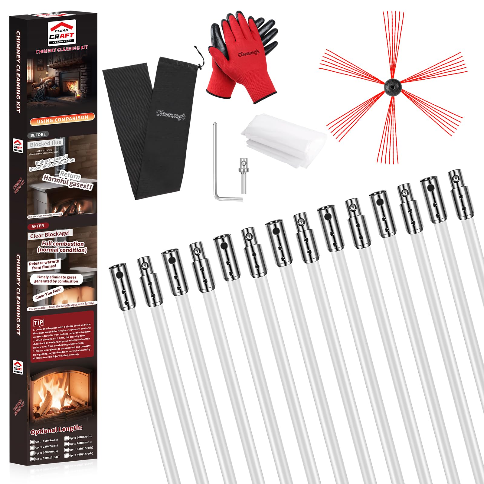 Kit de barrido de chimenea de 46 pies, kit de limpieza de chimenea con 14 varillas de chimenea blancas flexibles