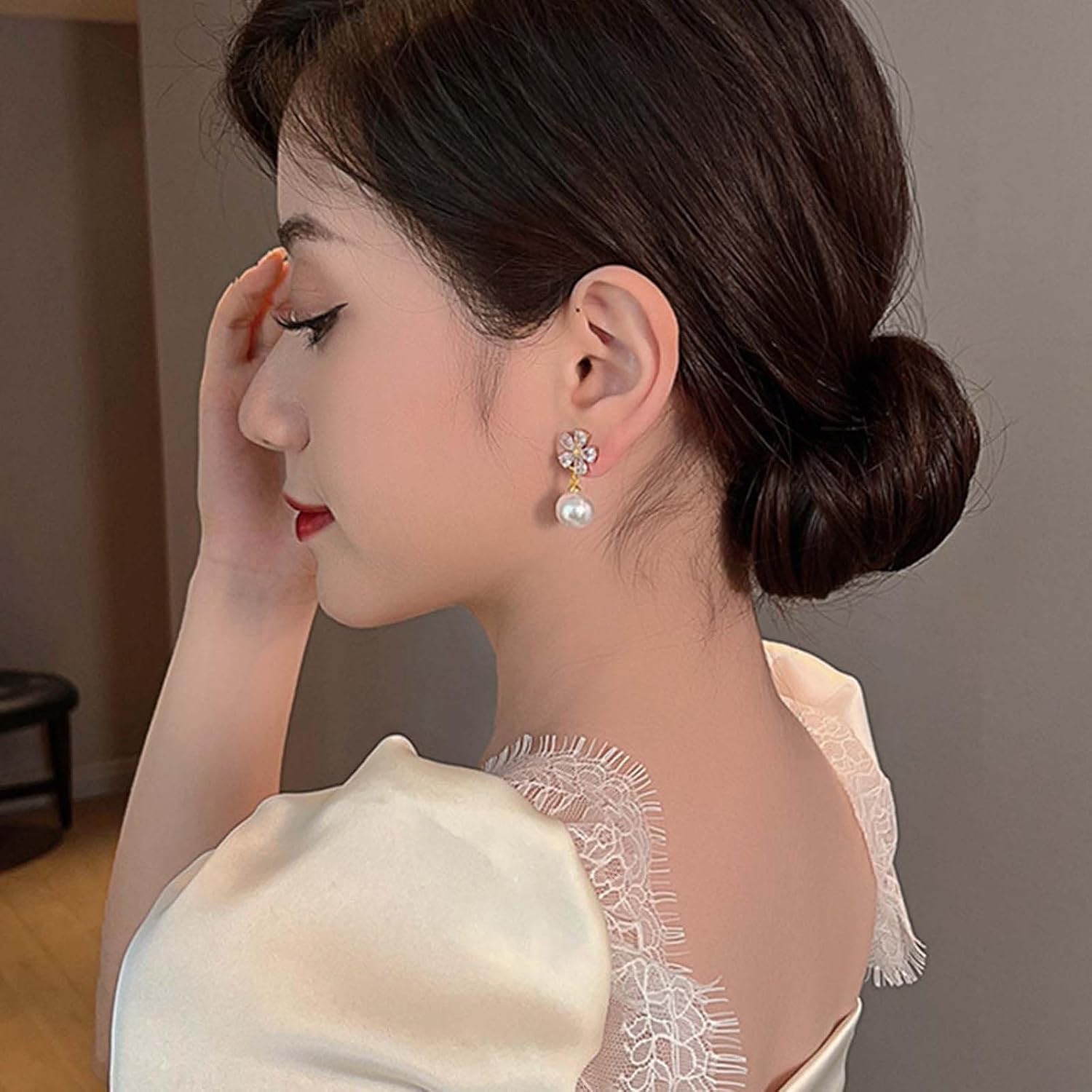 Gold Alloy Crystal Pearl Dangle Earrings - Vintage Floral Pearl Drop Studs - Perfect for Special Occasions & Everyday Wear - Image 2