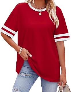 WIHOLL Women's Loose Fit Color Block T-Shirt with Striped Sleeves