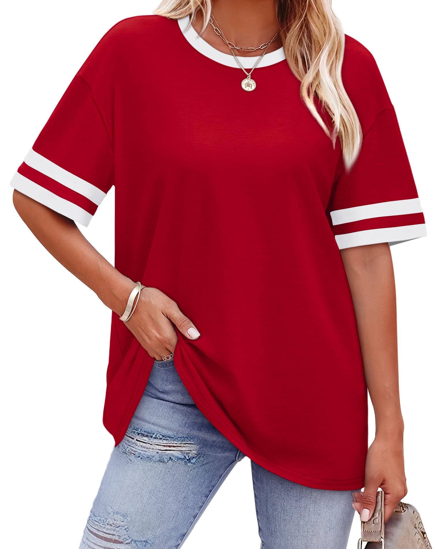 WIHOLL Womens T Shirts Loose Fit Short Sleeve Tees Crew Neck Color Block Summer Tops 2026 Fashion