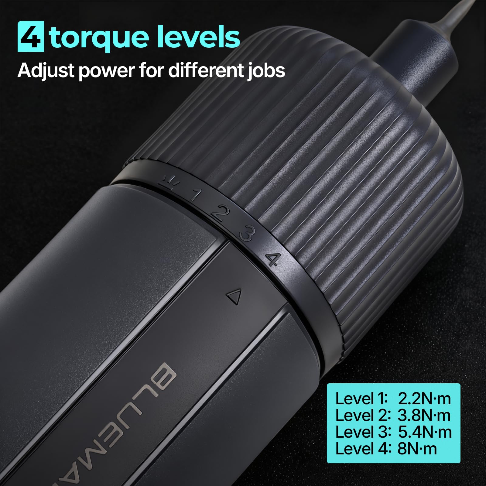 BlueMars Juego de destornilladores eléctricos inalámbricos de 4 V, par de torsión alto de 8 N.m con 4 ajustes de engranaje, batería de 2200 mAh, portabrocas hexagonales de 1/4 pulgadas y bloqueo de