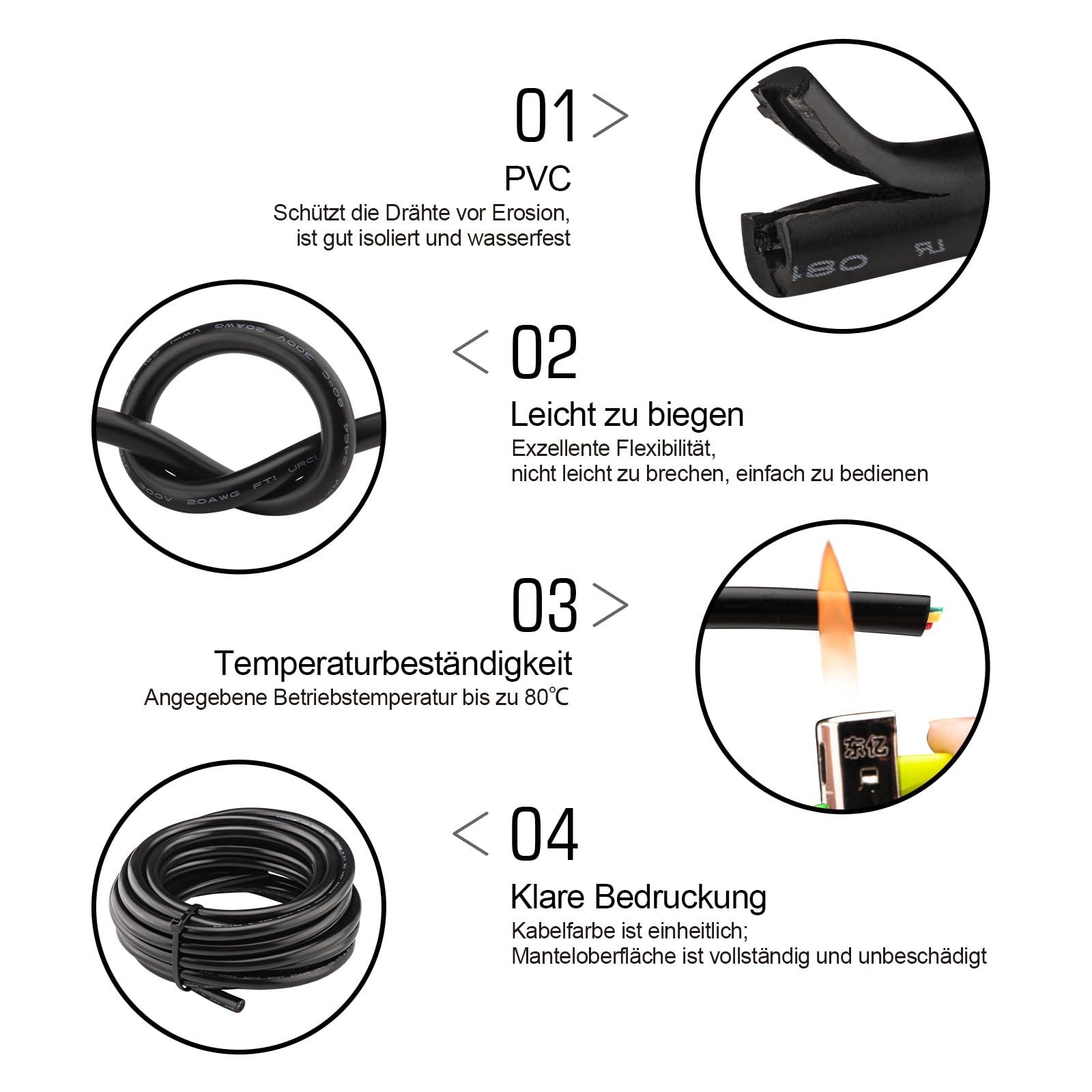 20 m 20 AWG kabel 5-żyłowy 5 x 0,5 mm², przewód elektryczny UL2464, 5-żyłowy ocynkowany kabel miedziany 20 G, drut pleciony niskonapięciowy, przedłużacz czarny, powlekany PCW do urządzeń