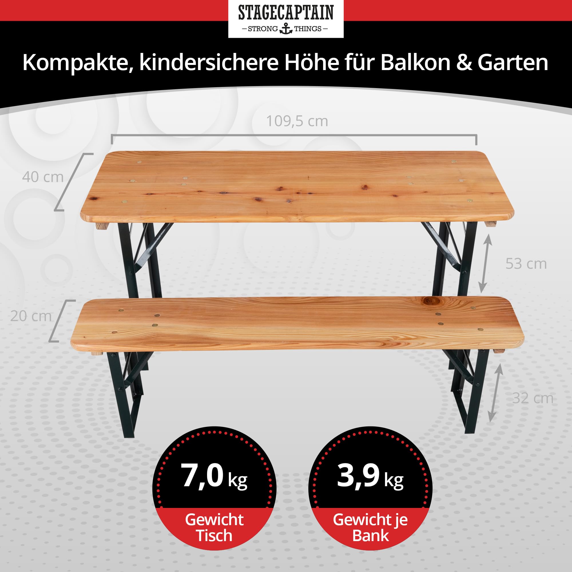 Stagecaptain BBK-110 Hirschgarten Bierzeltgarnitur für Kinder - Kurze Version mit 110 cm Länge - Klappbare Festzeltgarnitur 1x Tisch 2X Bank - Sitzgarnitur aus Holz - Innen & Außenbereich - Natur