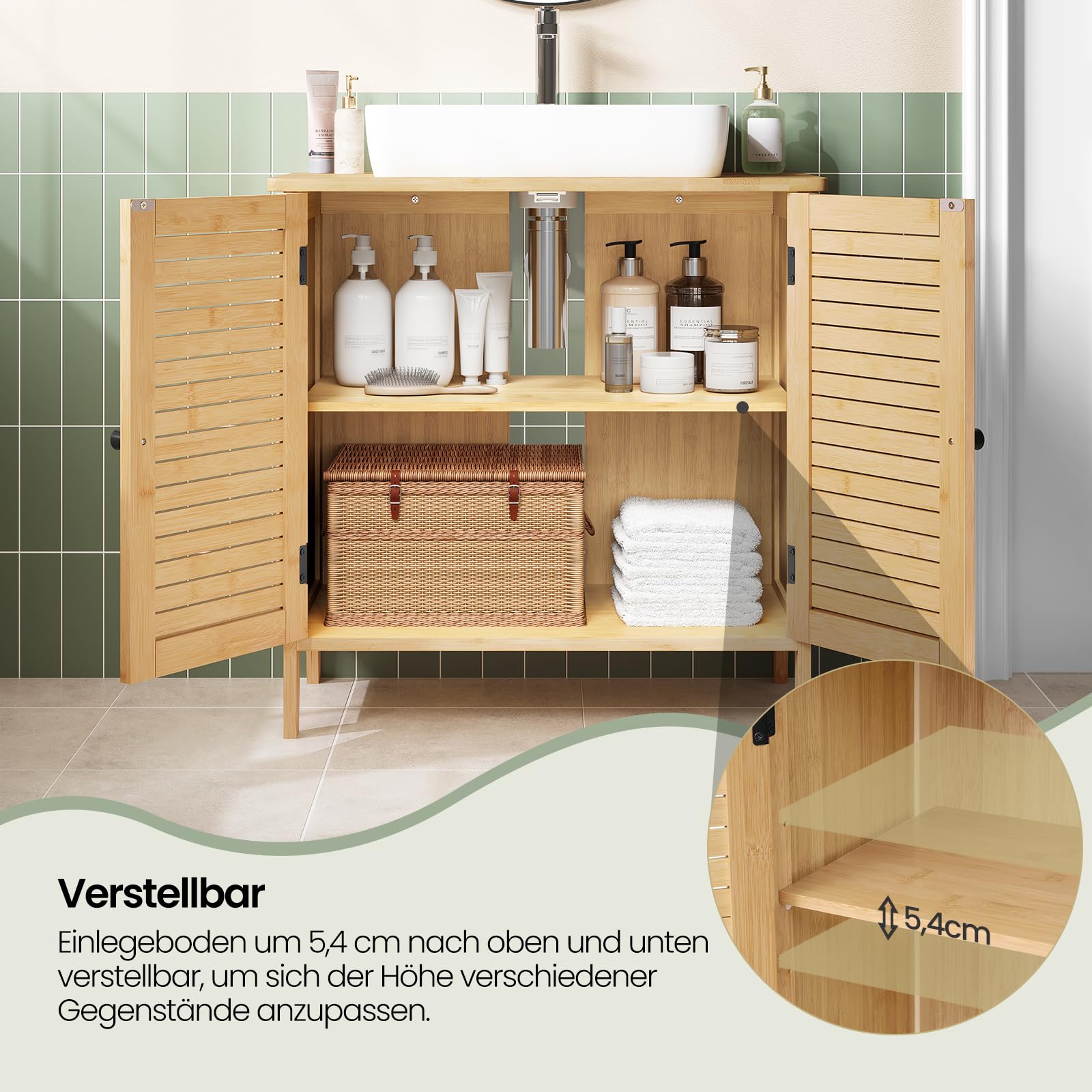 EUGAD Waschbeckenunterschrank Bambus, Badezimmer Unterschrank, 60 x 60 x 30 cm, Waschtischunterschrank mit 2 Lamellentüren 1 Verstellbare Ablage, Natur