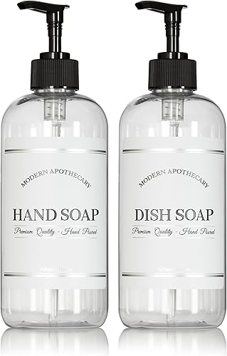 Miniatura 10 de Juego de dispensador de jabón transparente para manos y platos con bombas para fregadero de cocina, botellas de jabón de plástico PET recargables