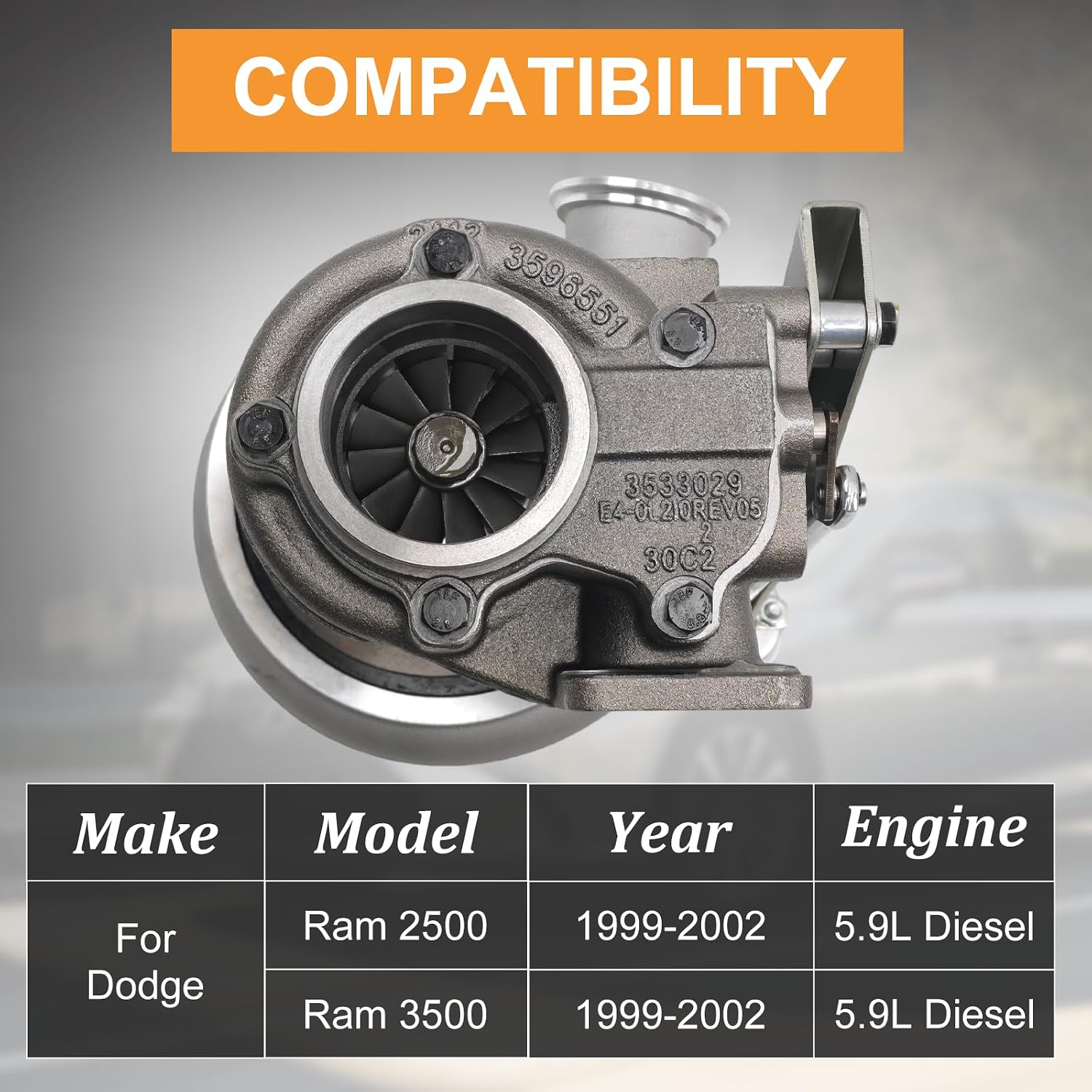 3592766 Turbo Turbocharger Kit Compatible with Dodge Ram 2500 3500 1999-2002 Turbocharger Assembly for Cummins 5.9L Truck 6BT Diesel Turbo Charger Replaces#HX35W 3800397,3590104,3538881