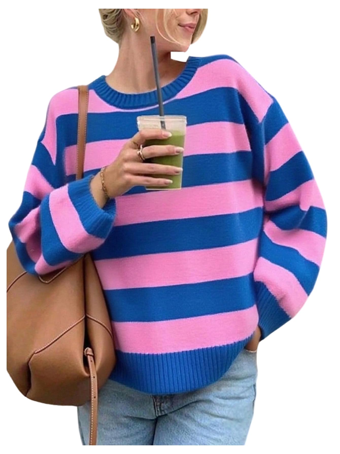 Floerns Womens Y2k Striped Crewneck Fall Sweater Long Sleeve Knitted Oversized Pullover Tops
