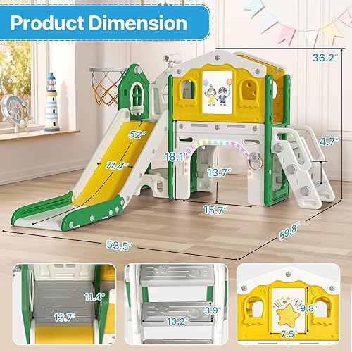 Miniatura 6 de BIERUM Juego de toboganes 9 en 1 para niños pequeños de 1 a 3 años con tira de luces, tablero de dibujo y tabla de bloques de construcción, para