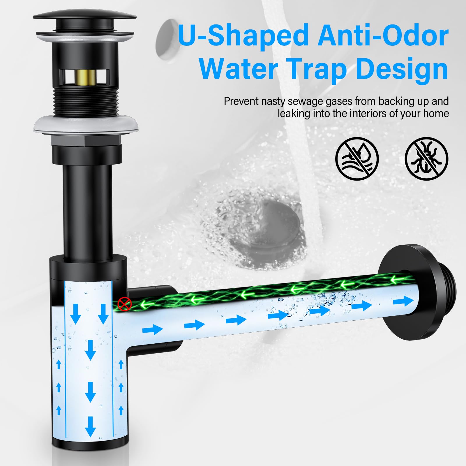 Siphon Noir Rétro avec Bonde Trop-plein, 1 1/4 Laiton Universel Design Siphon Anti-Odeur, Kit de Siphon de Vidange， pour évier de cuisine et salle de bain