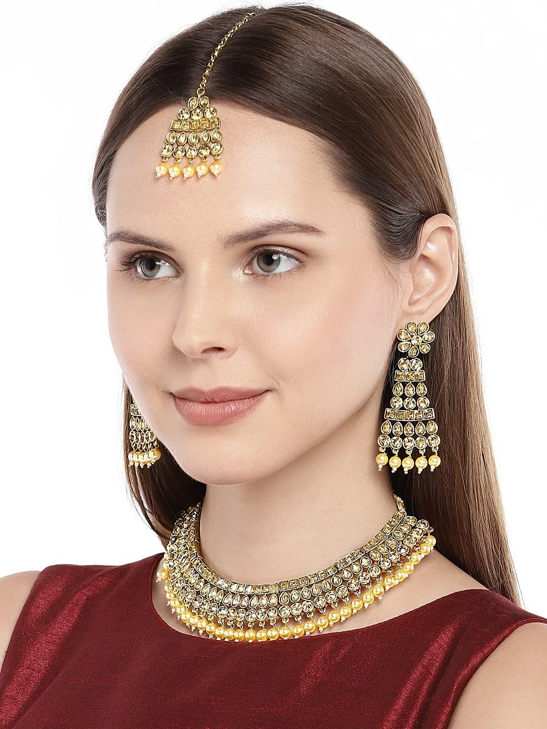 I Jewels Traditional Gold Plated Handcrafted Stone Studded & Pearl Necklace Set with Earrings & Maang Tikka for Women