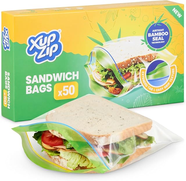 XupZip Sandwich Bags 19 x 17cm - 50-Pack Ziplock Bags with Airtight Bamboo Seals - Sturdy Plastic Bag for Sandwiches - Easy to Open Zip Lock Bags - BPA-Free Food Storage Bags - Reusable Sandwich Bags