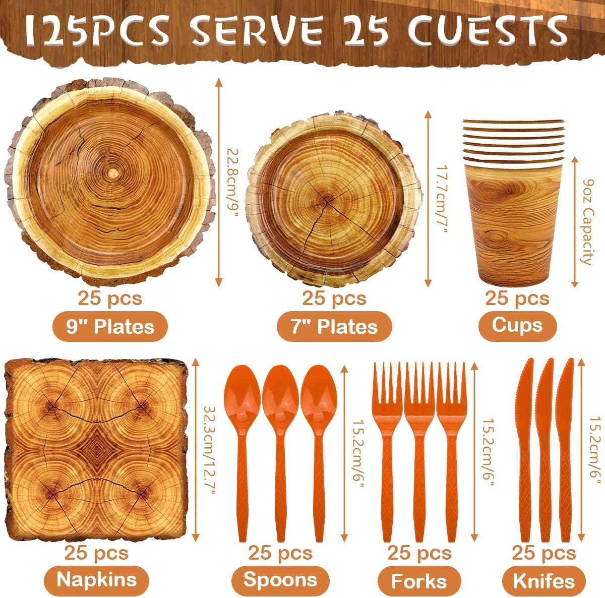 175 Pieces Camping Wood Grain Slice Tableware Set Rustic Wood Party Decorations Plates Napkins Cups Knives Fork Spoon for Hunting Birthday Party Decorations Serve 25 Guests