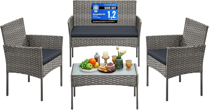 Songmics Garden Furniture Set 4 Pieces Balcony Furniture Polyethylene Polyrattan GGF004TZ01 Patio Furniture Table 2 Chairs 2 Seater Bench Outdoor Lounge Furniture Outdoor Patio Balcony Garden Grey