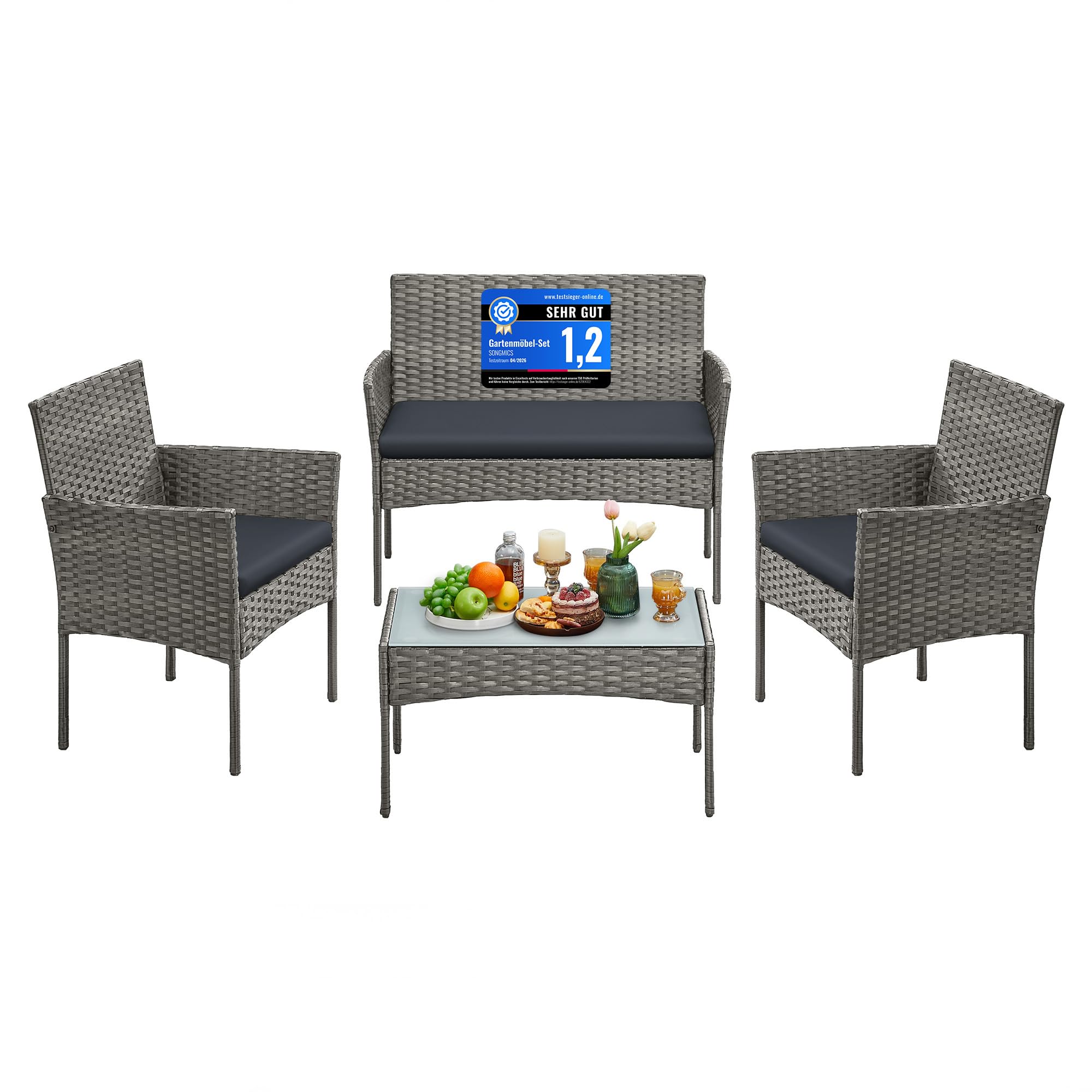 SONGMICS Gartenmöbel-Set, 4-teilig, Balkonmöbel aus PE-Polyrattan, Tisch, 2 Stühle, 2-Sitzer-Bank, Lounge-Möbel Outdoor, Terrassenmöbel, für Terrasse, Balkon, grau GGF004TZ01