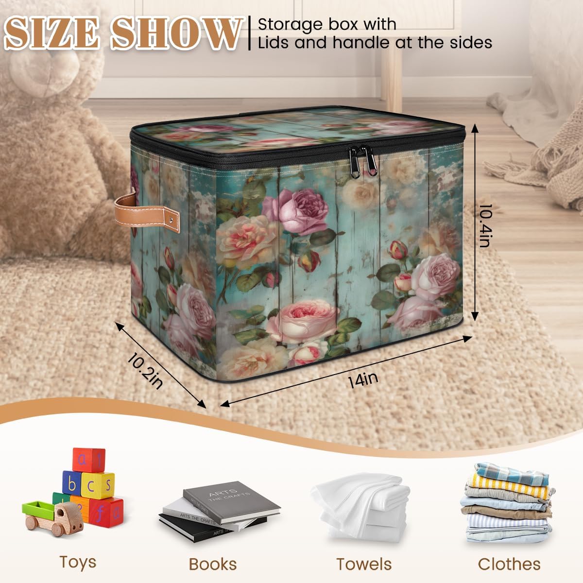 Storage Bin Set of 2 Wooden Rose Storage Basket with Zipper Lid & Handle Foldable Closet Shelf 2 Pack Cloth Organizer Basket Cube Bins Clothes Organizer for Bedroom, Nursery