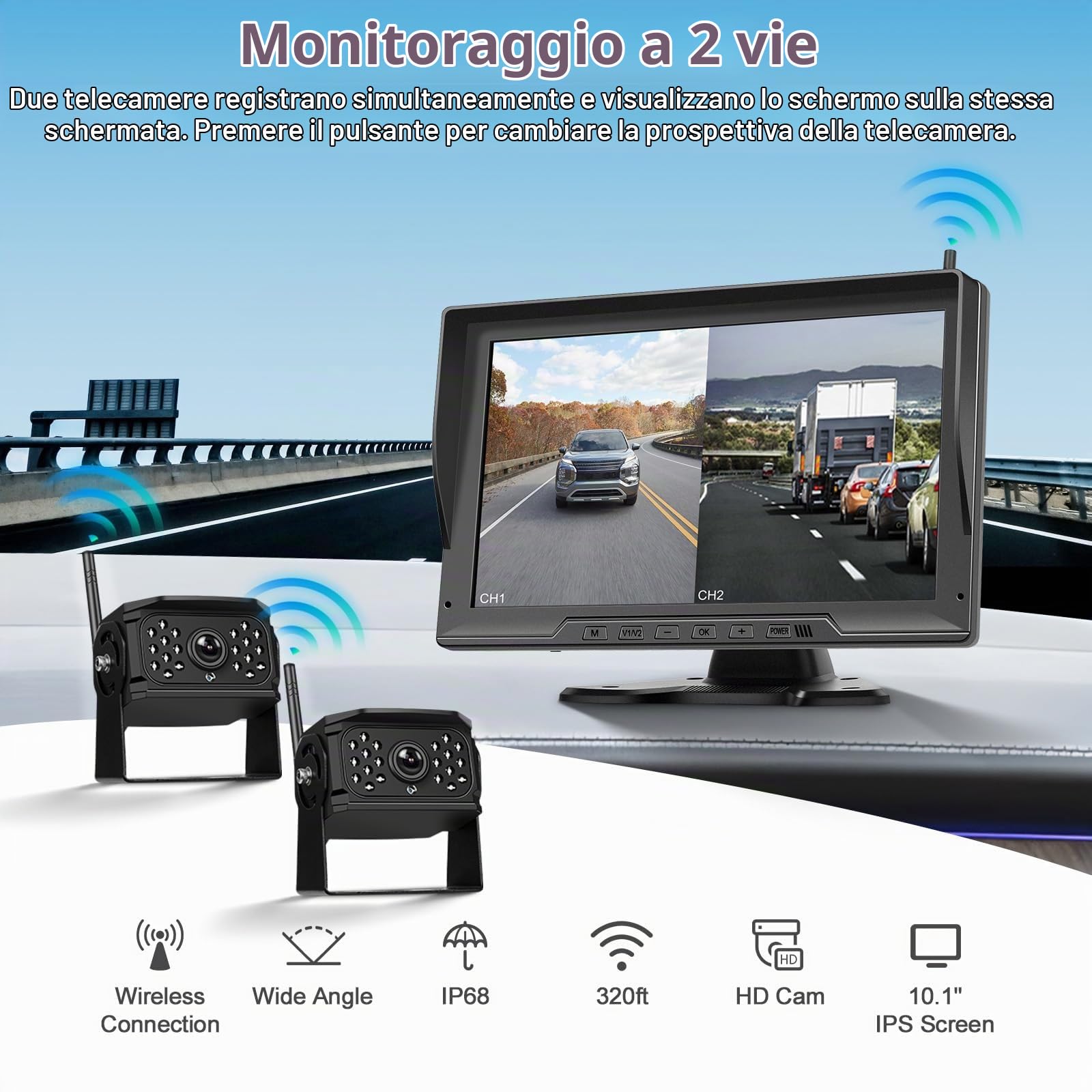 Hikity Kit Telecamera Retromarcia Wireless 10" Schermo IPS 2 Cam IP68 | Segnale Digitale Stabile, Visione Notturna, 12-24V, per Camper, Camion