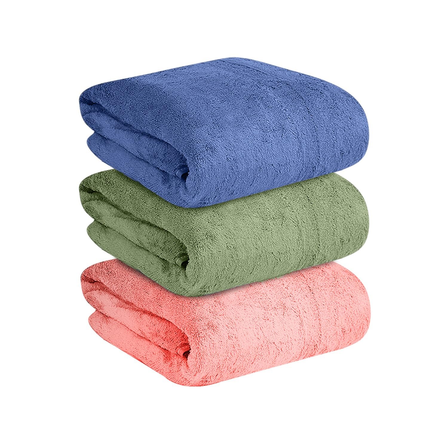 MAXOSHINE Microfiber Towels for Bath Large Size-Super Soft Coral Fleece Bathing Towel Hook Quick Dry Super Absorbent-Bath Towel for Men and Women-70x140 cm, 350 GSM, Pack of 3