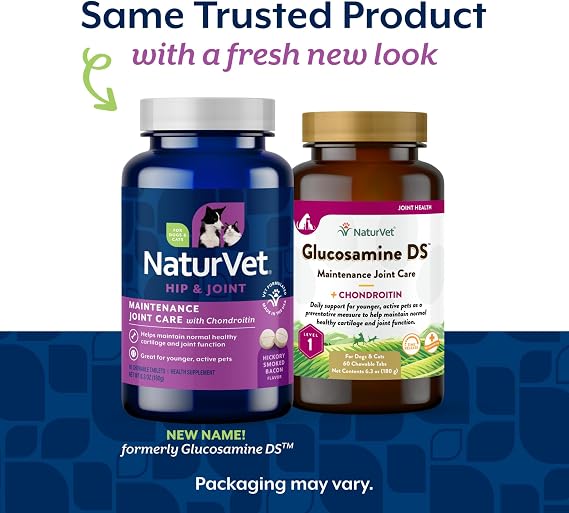 NaturVet Glucosamine DS Level 1 Maintenance Care Hip & Joint Support Pet Supplement for Dogs & Cats Glucosamine, Chondroitin, Antioxidants Supports Cartilage, Joint Function 60 Ct.